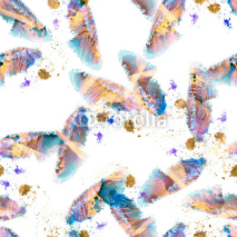 Fototapety Seamless watercolor pattern with abstract feathers batik tones on white background. Beautiful whimsical ornament. Textile print, wallpaper.