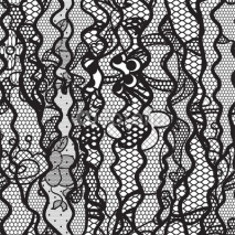 Naklejki Black lace vector fabric seamless pattern with lines and waves