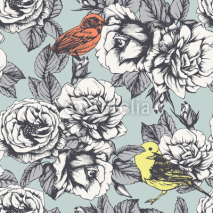 Fototapety Seamless floral pattern with hand-drawn roses and birds. Vector