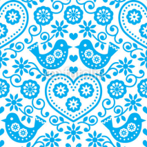 Naklejki Folk art seamless blue pattern with flowers and birds