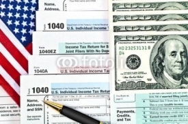 Naklejki Tax forms with pen, money and U.S. flag.