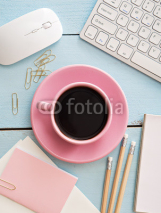 Fototapety Office desk table with computer, supplies and coffee cup