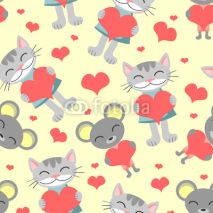 Naklejki Cute romantic seamless pattern cat and mouse