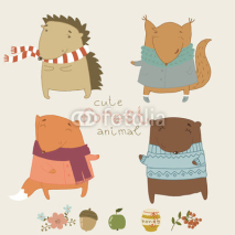 Obrazy i plakaty Cute animals living in the forest. Cute vector set.