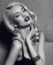 Naklejki black and white fashion portrait of beautiful blond woman