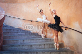 Naklejki Young beautiful ballerinas dancing on the stairs. Ballerina proj