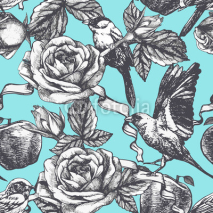 Naklejki Seamless pattern with hand drawn roses, apples and birds. Vector