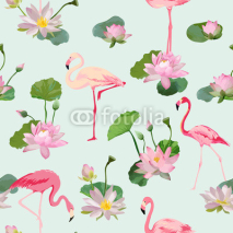 Naklejki Flamingo Bird and Waterlily Flowers Background. Retro Seamless Pattern