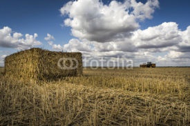 Fototapety Straw bale, tractor on the horizon, fluffy cloud blue skies