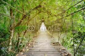 Obrazy i plakaty Old wooden suspension bridge with rope for walking across river in the rainforest of Khao Yai National park. Thailand. 
