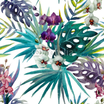 Fototapety pattern orchid hibiscus leaves watercolor tropics