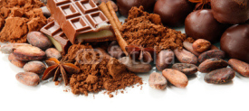 Fototapety Composition of chocolate sweets, cocoa and spices, isolated