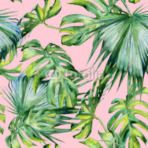 Fototapety Seamless watercolor illustration of tropical leaves, dense jungle. Hand painted. Banner with tropic summertime motif may be used as background texture, wrapping paper, textile or wallpaper design.