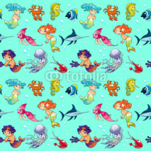 Fototapety Funny sea animals with mermaids and background.