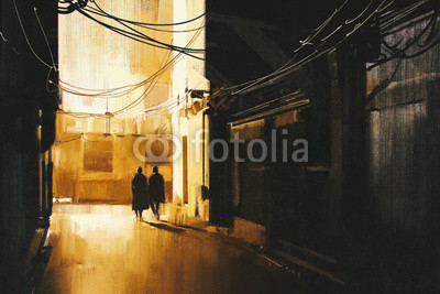 couple walking in alley at night,illustration painting