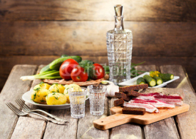 Naklejki glasses of vodka with traditional  snack