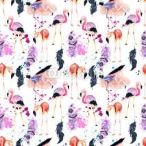 Fototapety Watercolor flamingo seamless pattern isolated on the white background
