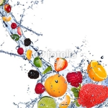 Naklejki Fresh fruits falling in water splash on white background