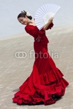 Naklejki Traditional Woman Spanish Flamenco Dancer In Red Dress With Fan