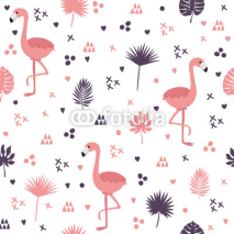 Naklejki Seamless pattern with flamingos and leaves. Cute background with