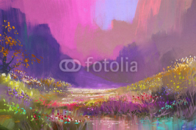 Naklejki beautiful landscape in the mountains with colorful flowers,digital painting