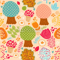 Fototapety Seamless pattern with flowers, leaves and trees