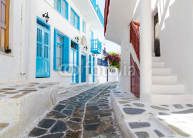 whitewashed narrow street in Mykonos island, Cyclades, Greece