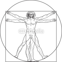 Naklejki 'Homo vitruviano'. So-called The Vitruvian man a.k.a. Leonardo's man. Detailed drawing on the basis of artwork by Leonardo da Vinci by ancient manuscript of Roman master Marcus Vitruvius Pollio.