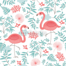 Naklejki seamless pattern with a pink flamingo