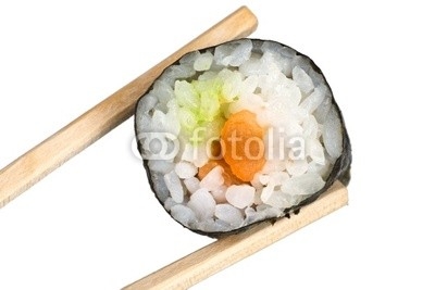 Chopsticks with salmon maki sushi
