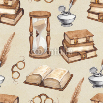Fototapety Watercolor vintage books, glasses, sand hourglass and ink pen