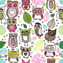 Naklejki Seamless kids owl doodle pattern background in vector