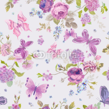 Naklejki Spring Flowers Background with Butterflies- Seamless Floral Shabby