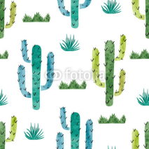 Fototapety Watercolor cactus seamless pattern. Vector background with green and blue cactus isolated on white. 