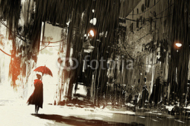 Fototapety lonely woman with umbrella in abandoned city,digital painting