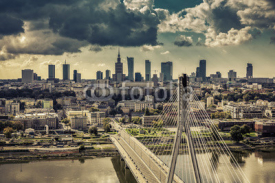 Warsaw skyline behind the bridge vintage view, Poland