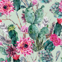 Naklejki Cactus watercolor seamless pattern in boho style. 