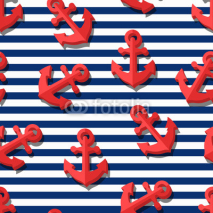 Fototapety Vector seamless pattern with 3d stylized red anchors and blue navy stripes. Summer marine striped background.  Design for fashion textile print, wrapping paper, web background. Anchor flat symbol. 