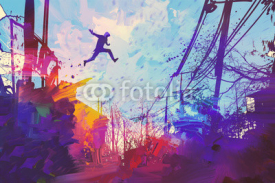 Fototapety man jumping on the roof in city with abstract grunge,illustration painting
