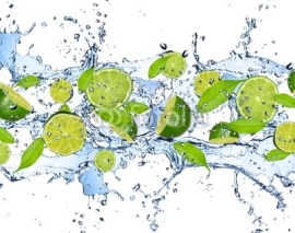 Fototapety Fresh limes in water splash,isolated on white background