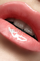 Naklejki Sweet mouth. Sexy pink wet lip makeup, beautiful full lips
