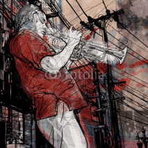 Naklejki trumpeter on a grunge cityscape background