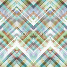 Naklejki Seamless handmade geometric pattern. Zigzag stripes, diagonal lines and diamonds, batik blue and red colors. Watercolor ethnic background.