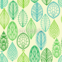 Naklejki Seamless hand drawn vintage pattern with green ornate leaves
