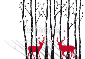 Naklejki birch trees with christmas deers, vector