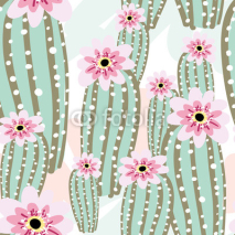 Fototapety Cactus with pink flowers on the light background. Vector seamless pattern with cacti.