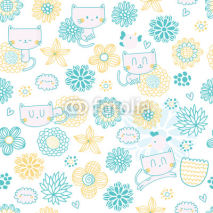 Naklejki Cute seamless pattern with funny cartoon cats, birds and flowers