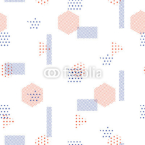 Fototapety Memphis style vector seamless pattern with geometric shapes. Blue red striped triangles and circles fine print background.