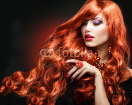Fototapety Red Hair. Fashion Girl Portrait. long Curly Hair