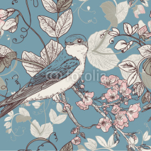 Obrazy i plakaty Niebieskie tło z ilustracją ptaszka na gałązce w stylu vintage